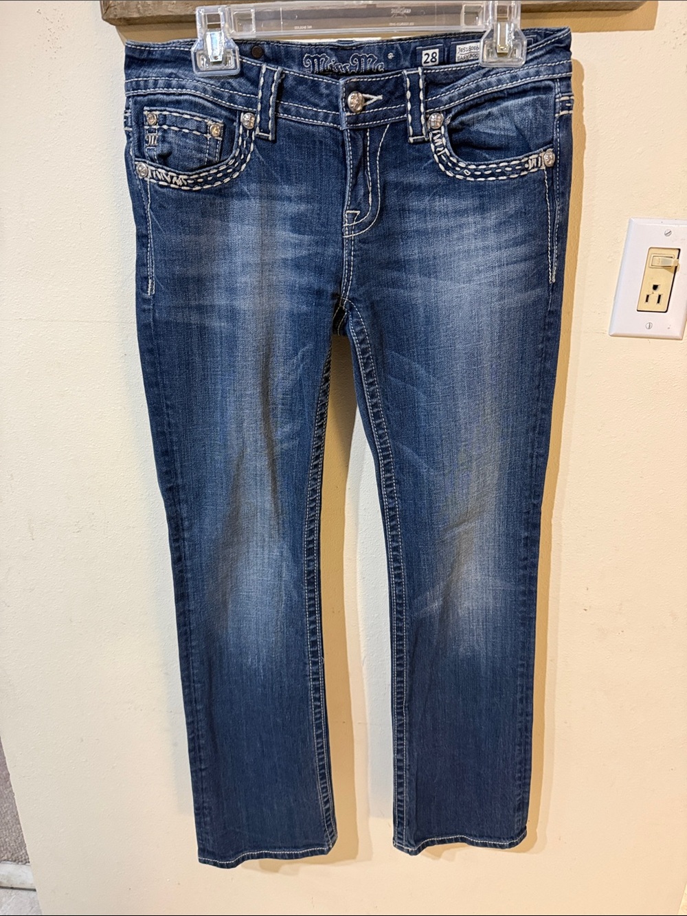 Miss Me Boot Cut Blue Jeans with White Accent Stitching